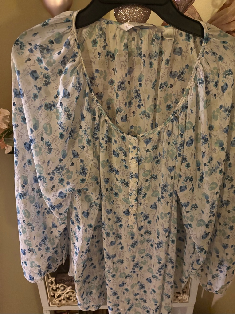 LC Lauren Conrad Cream Blouse with Blue Floral Print
